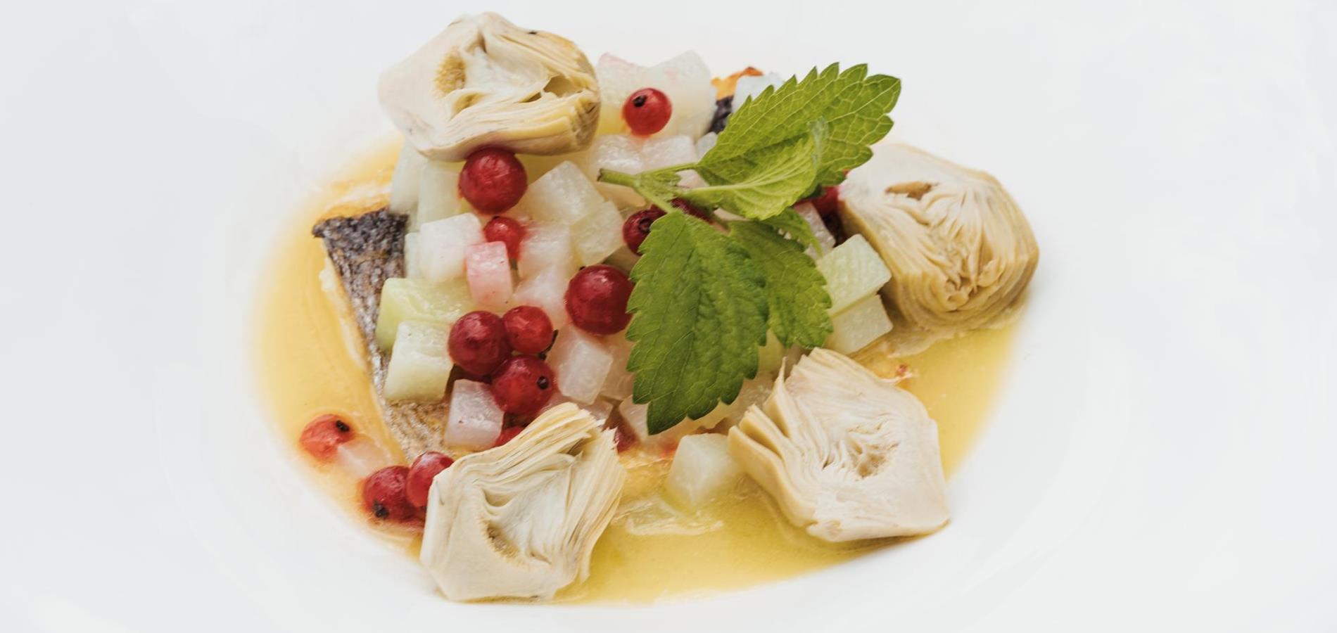 Gilthead Seabream Basted with Sage Butter (Caught Wild in Sardinia) Lukewarm Artichokes / Kohlrabi stew / Currants