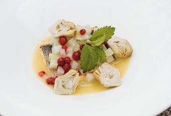 Gilthead Seabream Basted with Sage Butter (Caught Wild in Sardinia) Lukewarm Artichokes / Kohlrabi stew / Currants