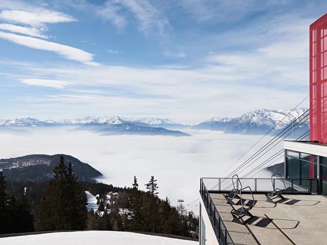 Panoramic view during winter at the mountain station of the Meran 2000 funicular