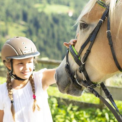 Kind mit Haflinger Pferd beim Reiturlaub in Südtirol in der Urlaubsregion Hafling, Vöran & Meran 2000