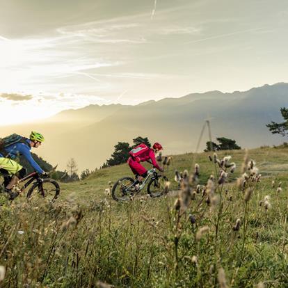 Two people ride on their downhill bike from the mountain to the valley.