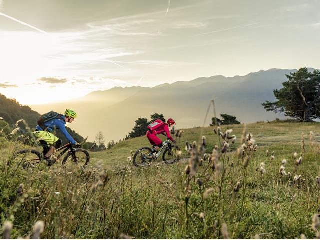 Two people ride on their downhill bike from the mountain to the valley.