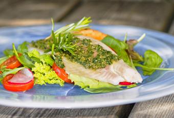 House-smoked trout fillet on colourful summer salads & fresh baguette