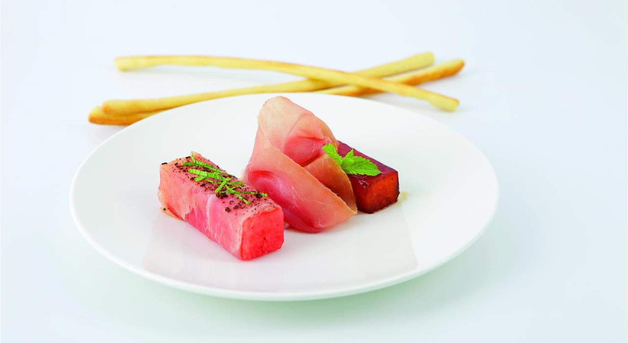 Rohschinken mit zweierlei Wassermelone