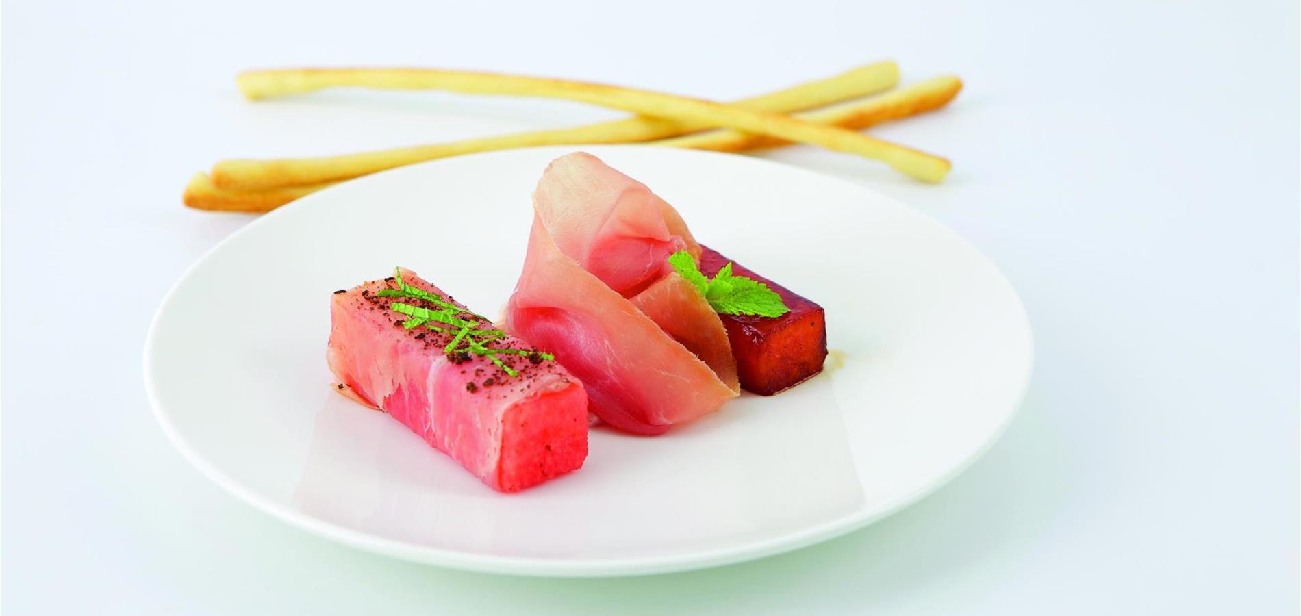 Rohschinken mit zweierlei Wassermelone