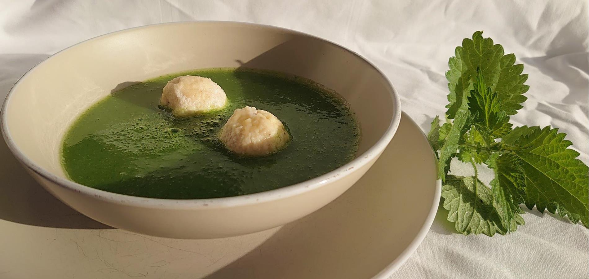 Potato and Nettle Soup with Ricotta & Mascarpone “Praline” balls