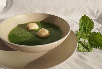 Potato and Nettle Soup with Ricotta & Mascarpone “Praline” balls