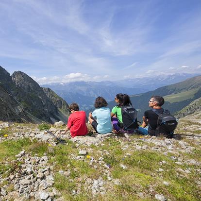 Family hike and admiring the view at Mount Ifinger, hiking area Meran 2000