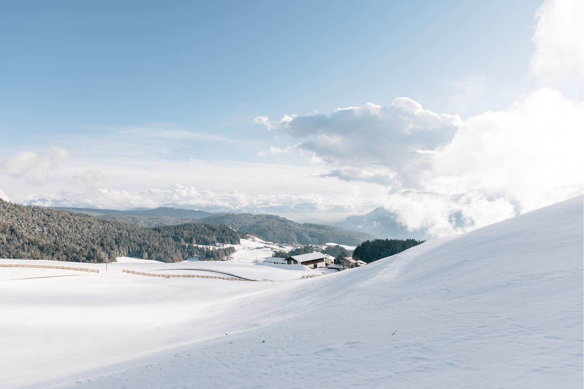 Prato innevato a Vöran, inTrentino-Alto Adige. Cielo azzurro brillante. Sullo sfondo una fattoria e vasti boschi.