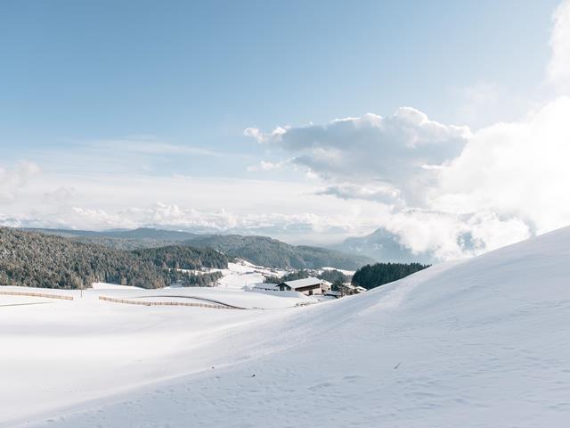 Schneebedeckte Wiese in Vöran in Südtirol. Strahlend blauer Himmel. Im Hintergrund ein Bauernhof und weite Wälder.